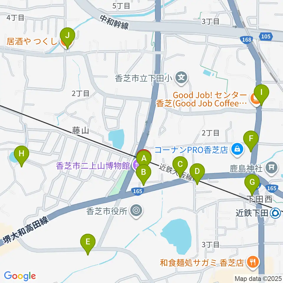香芝市ふたかみ文化センター周辺のファミレス・ファーストフード一覧地図