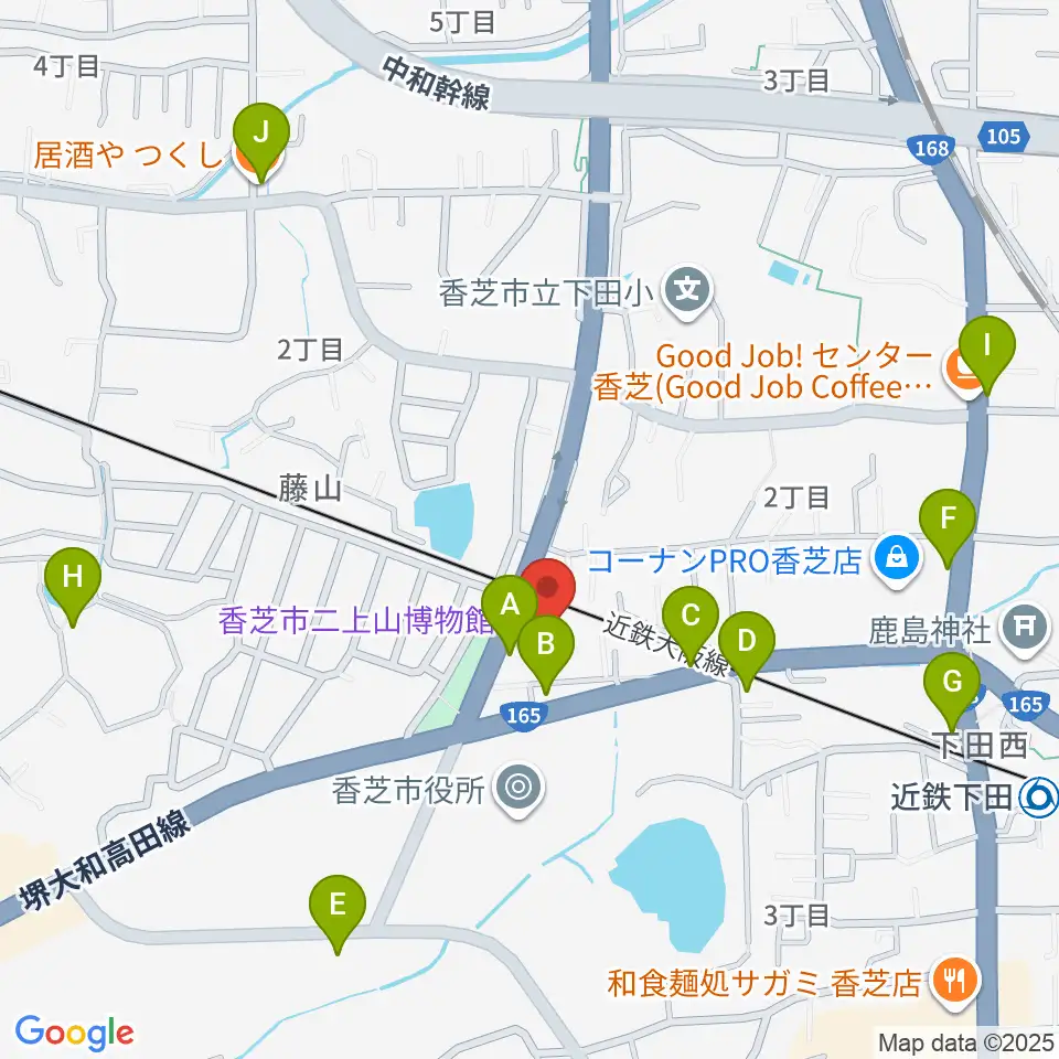 香芝市ふたかみ文化センター周辺のファミレス・ファーストフード一覧地図