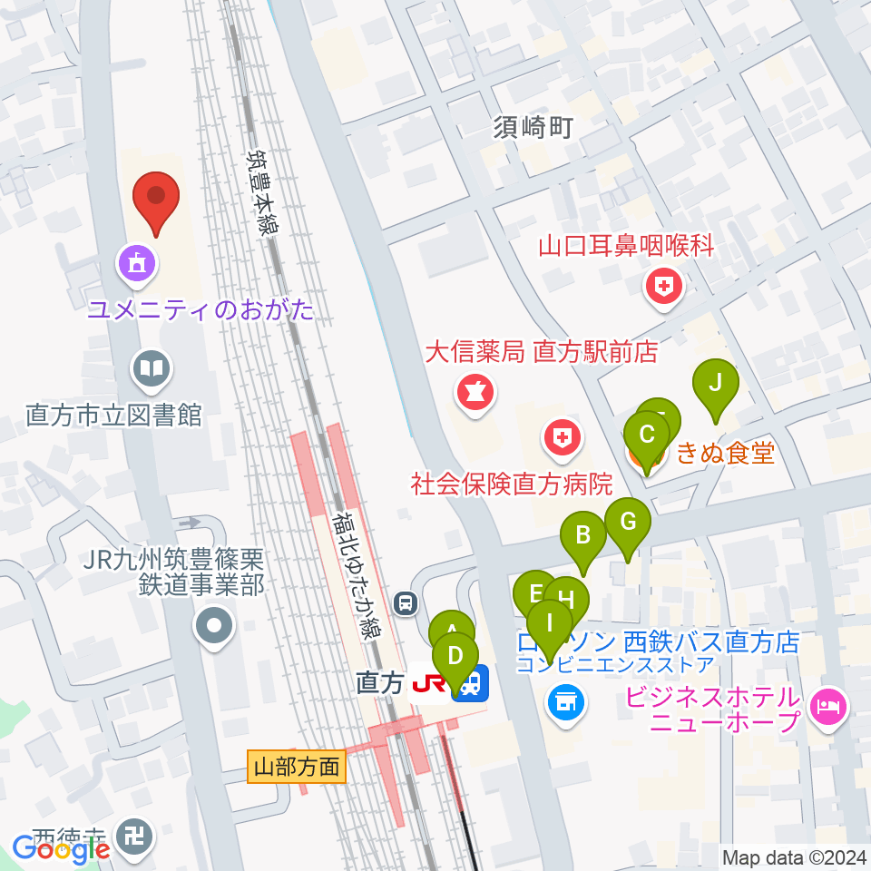 ユメニティのおがた周辺のファミレス・ファーストフード一覧地図