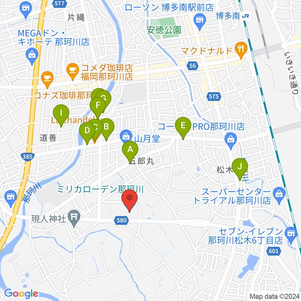 ミリカローデン那珂川周辺のファミレス・ファーストフード一覧地図