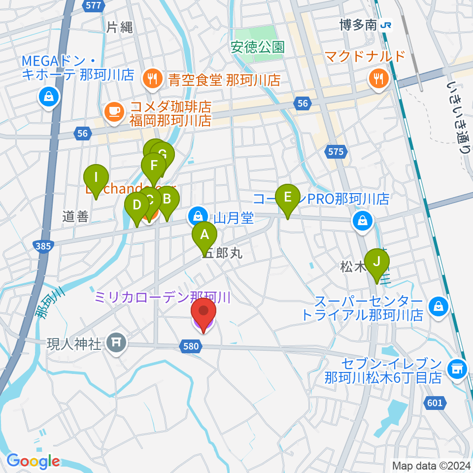 ミリカローデン那珂川周辺のファミレス・ファーストフード一覧地図