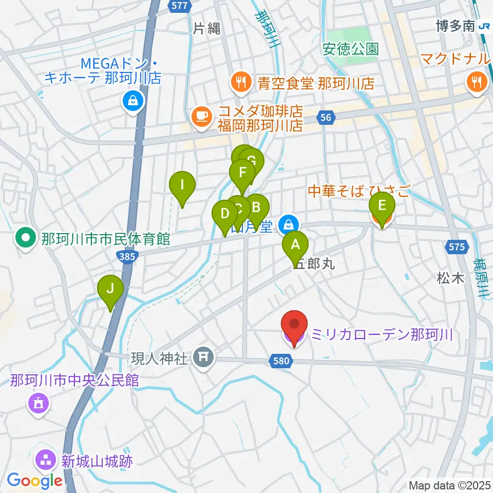 ミリカローデン那珂川周辺のファミレス・ファーストフード一覧地図