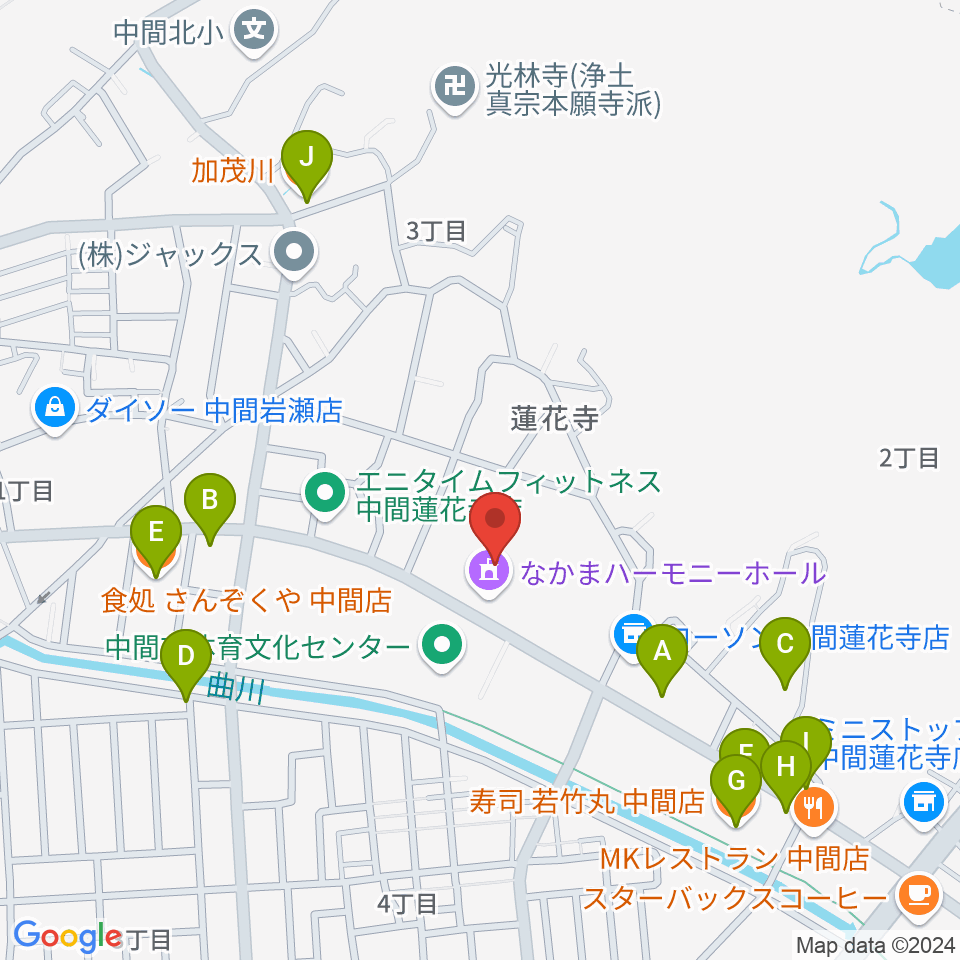 なかまハーモニーホール周辺のファミレス・ファーストフード一覧地図