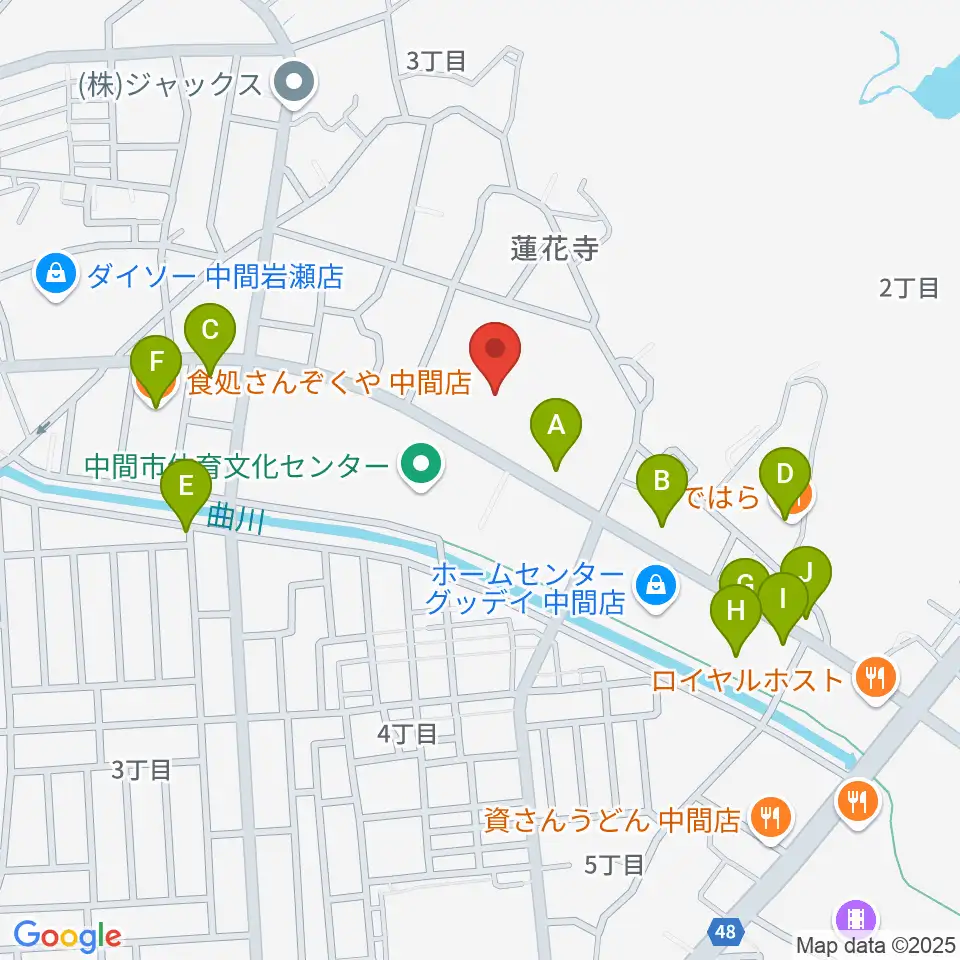 なかまハーモニーホール周辺のファミレス・ファーストフード一覧地図