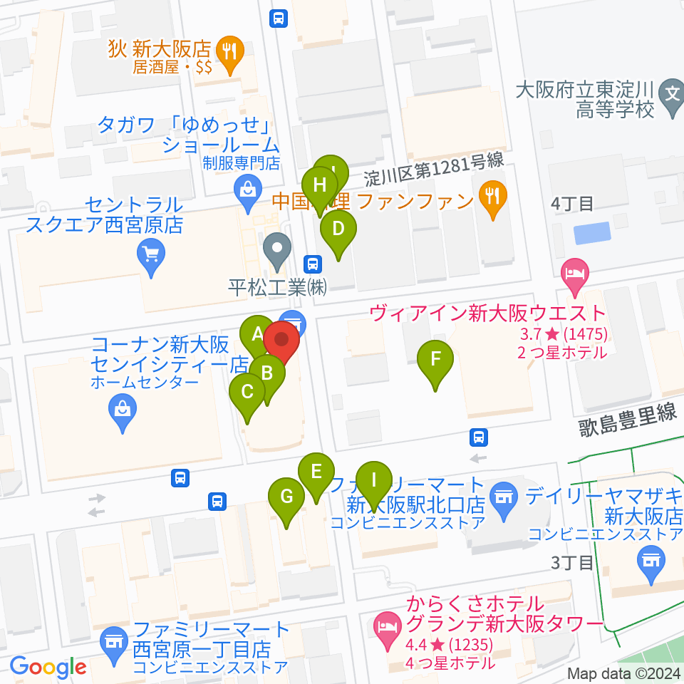 村松楽器 大阪店周辺のファミレス・ファーストフード一覧地図