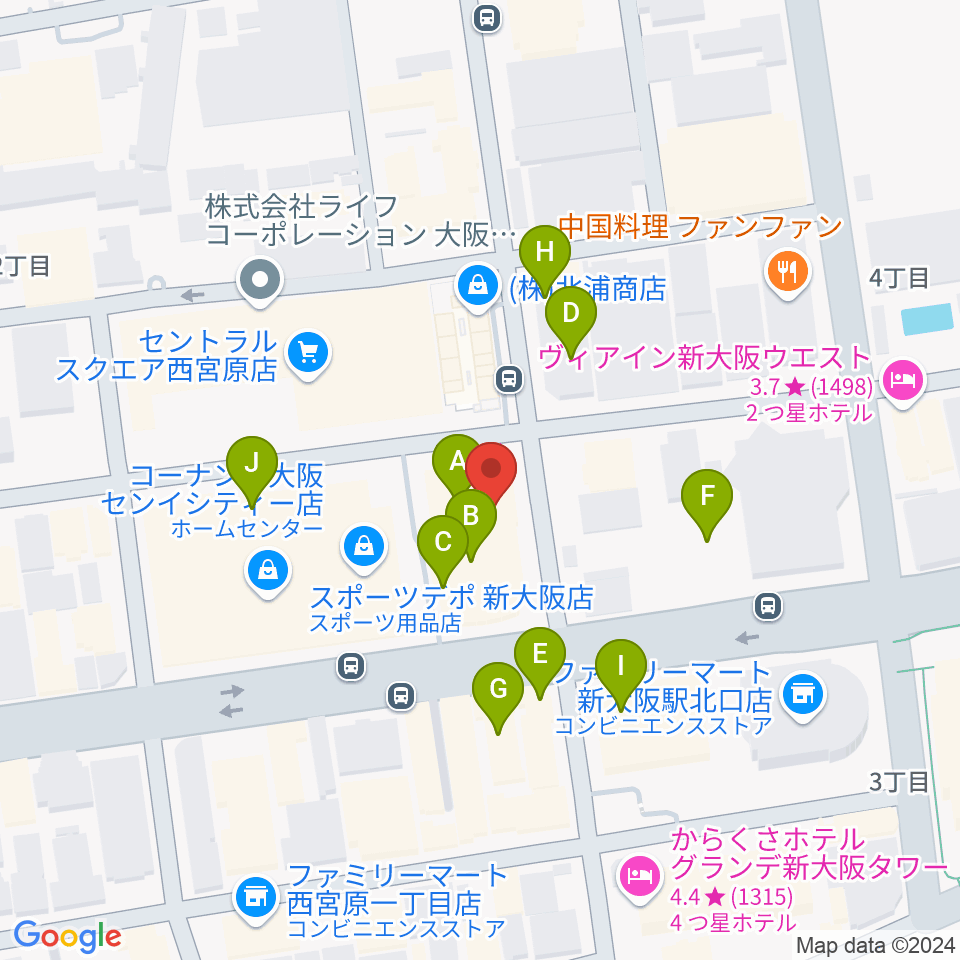 村松楽器 大阪店周辺のファミレス・ファーストフード一覧地図