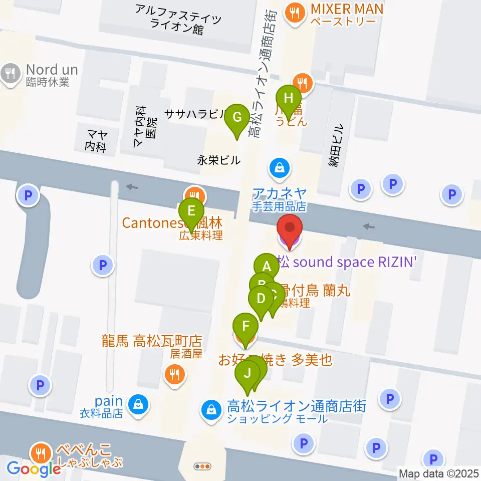 高松RIZIN'周辺のファミレス・ファーストフード一覧地図