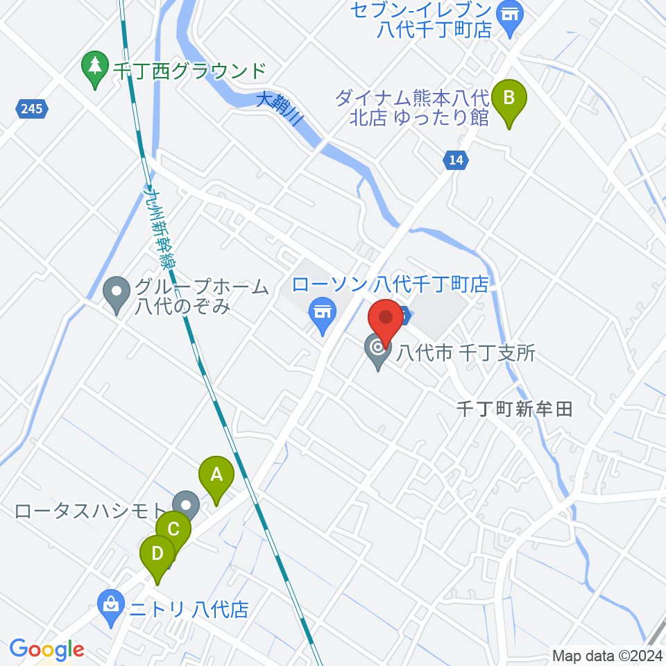 八代市公民館周辺のファミレス・ファーストフード一覧地図