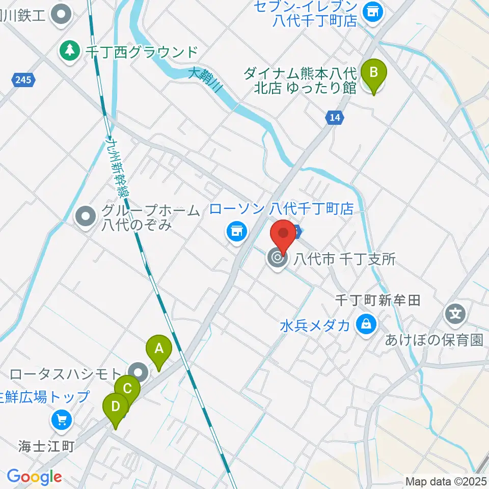 八代市公民館周辺のファミレス・ファーストフード一覧地図