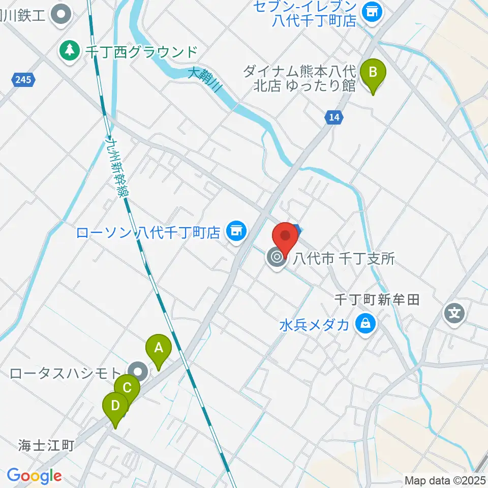 八代市公民館周辺のファミレス・ファーストフード一覧地図