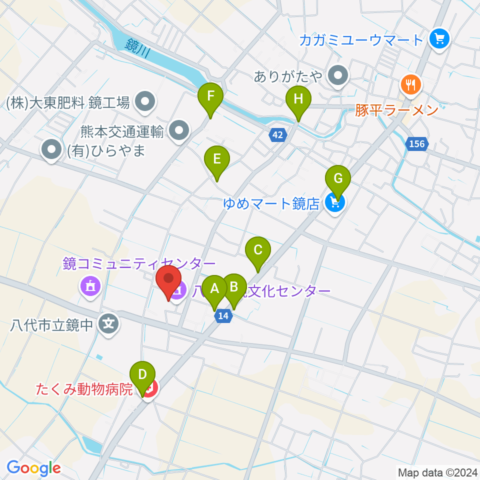 八代市鏡文化センター周辺のファミレス・ファーストフード一覧地図