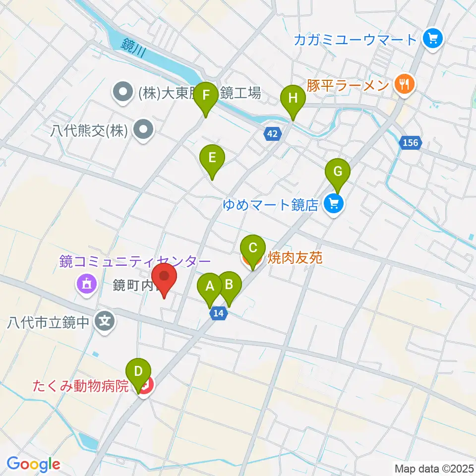 八代市鏡文化センター周辺のファミレス・ファーストフード一覧地図