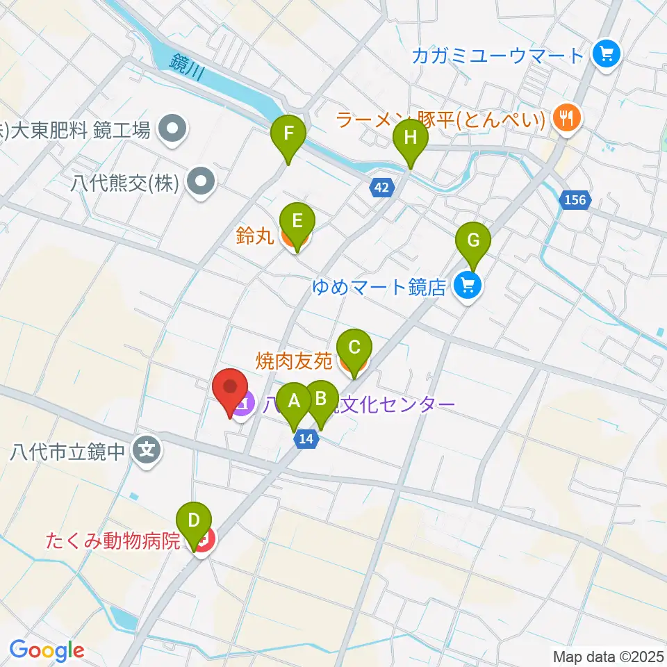 八代市鏡文化センター周辺のファミレス・ファーストフード一覧地図