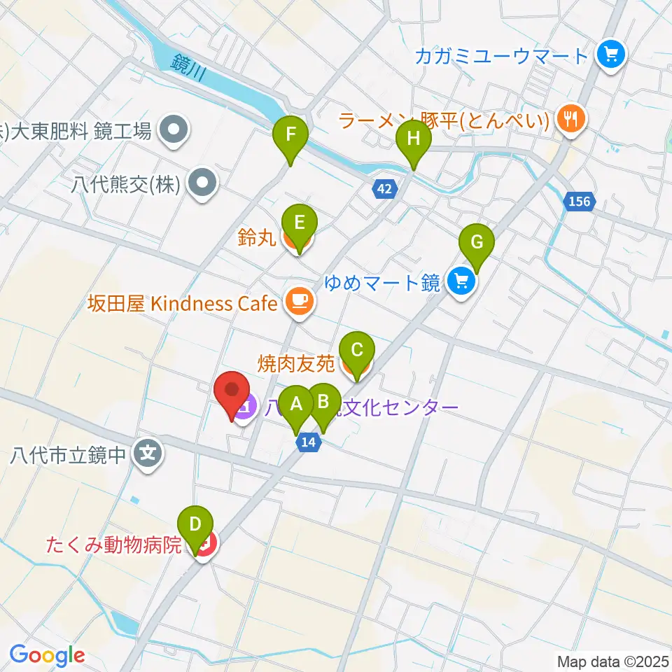八代市鏡文化センター周辺のファミレス・ファーストフード一覧地図