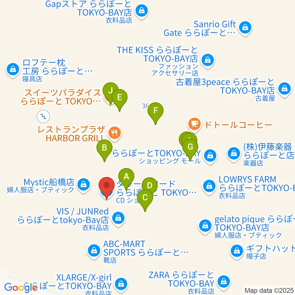 タワーレコード ららぽーとTOKYO-BAY店周辺のファミレス・ファーストフード一覧地図