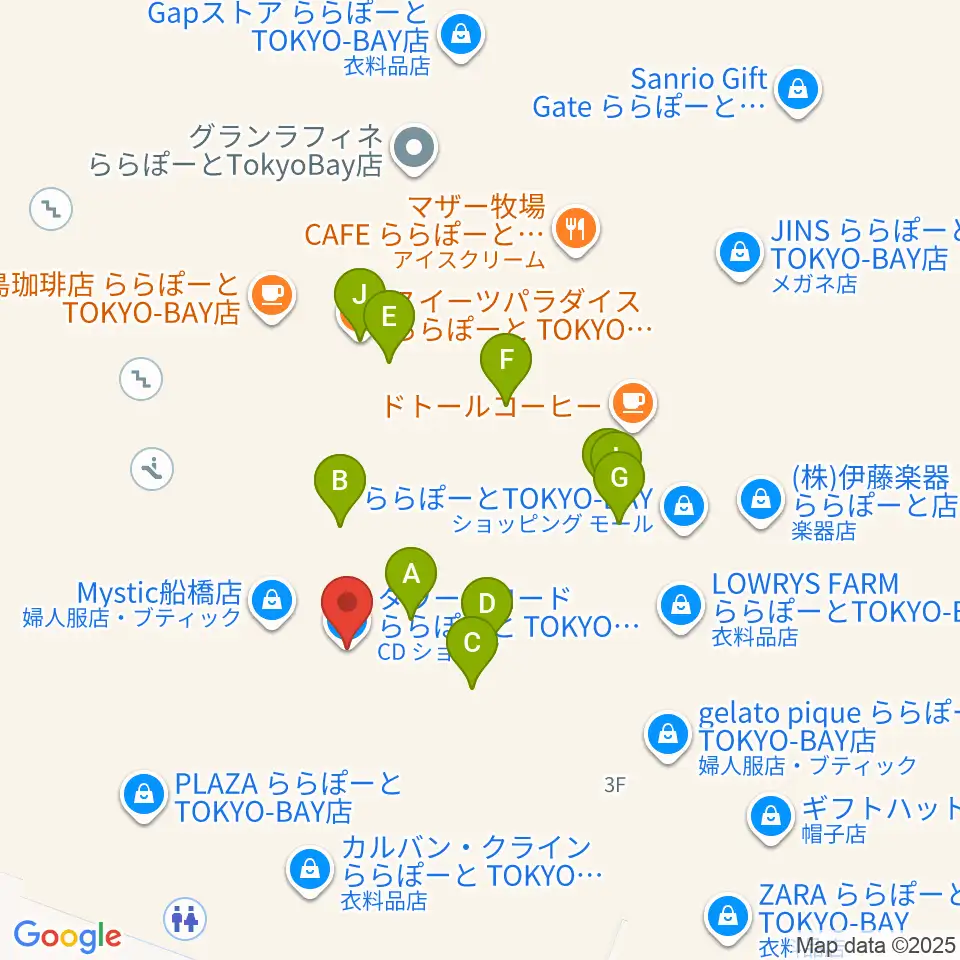 タワーレコード ららぽーとTOKYO-BAY店周辺のファミレス・ファーストフード一覧地図