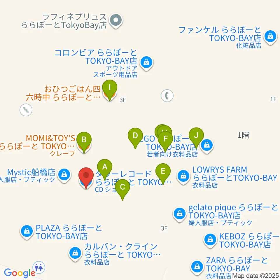 タワーレコード ららぽーとTOKYO-BAY店周辺のファミレス・ファーストフード一覧地図