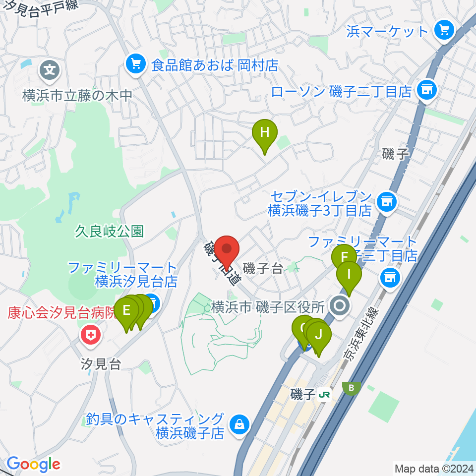 多治川ギタースクール横浜磯子教室周辺のファミレス・ファーストフード一覧地図