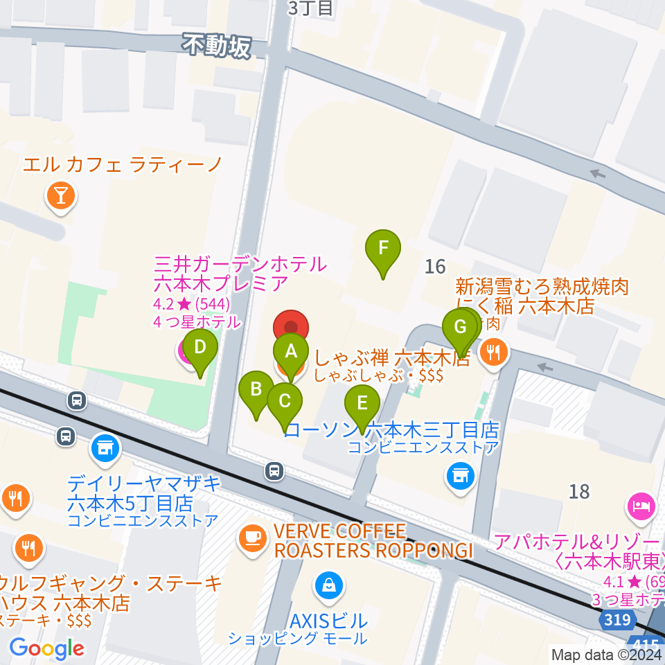 六本木クラップス周辺のファミレス・ファーストフード一覧地図