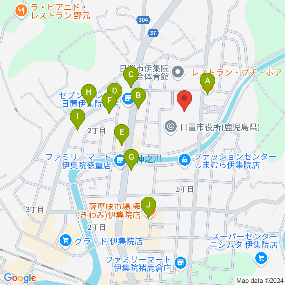 日置市伊集院文化会館周辺のファミレス・ファーストフード一覧地図