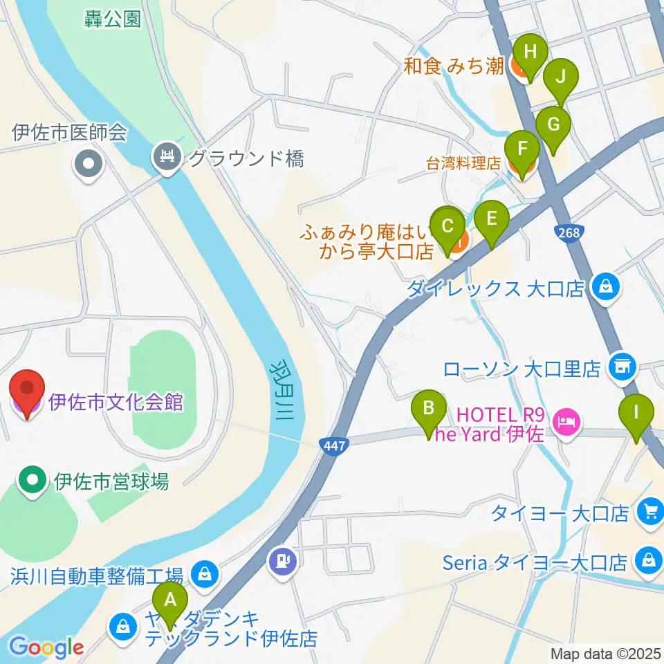 伊佐市文化会館周辺のファミレス・ファーストフード一覧地図