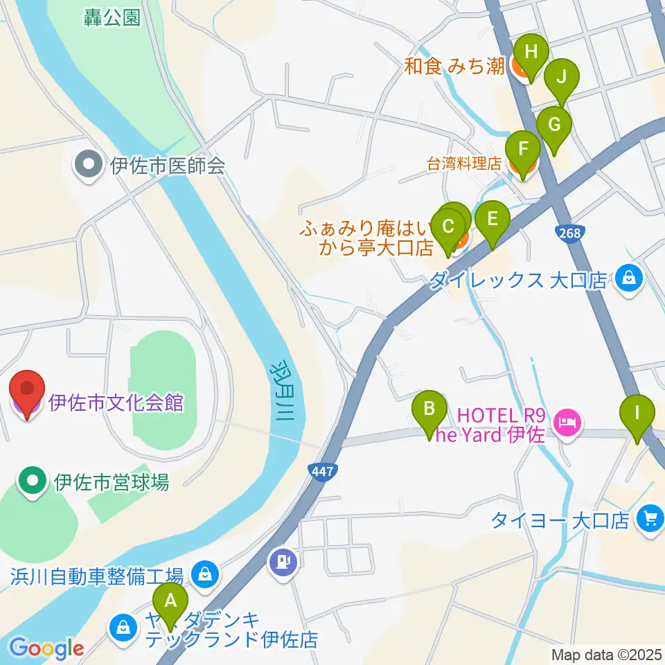 伊佐市文化会館周辺のファミレス・ファーストフード一覧地図