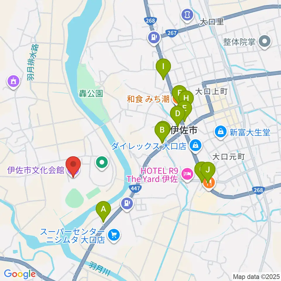 伊佐市文化会館周辺のファミレス・ファーストフード一覧地図