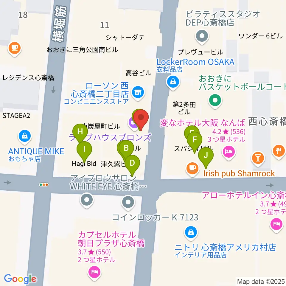 心斎橋BRONZE周辺のファミレス・ファーストフード一覧地図