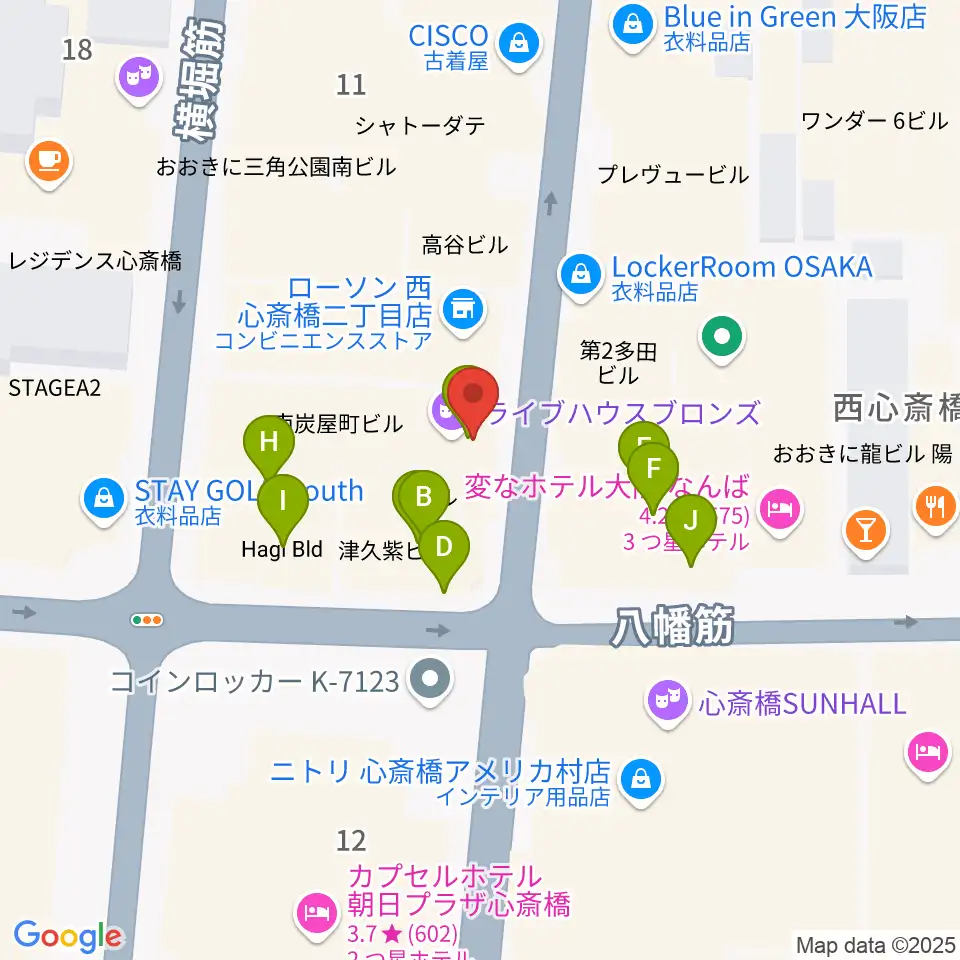 心斎橋BRONZE周辺のファミレス・ファーストフード一覧地図