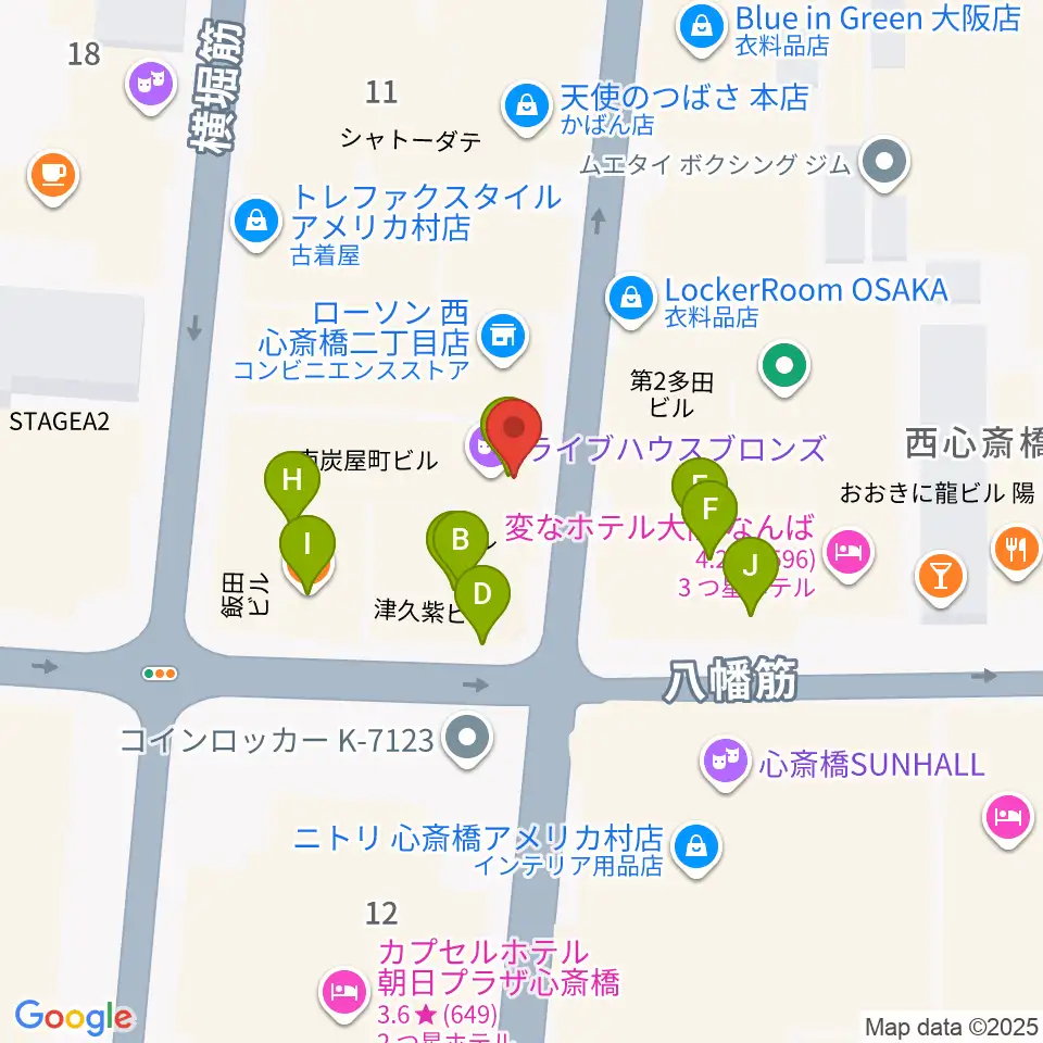心斎橋BRONZE周辺のファミレス・ファーストフード一覧地図