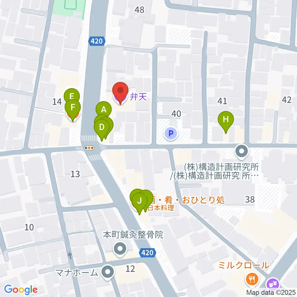 弁天周辺のファミレス・ファーストフード一覧地図
