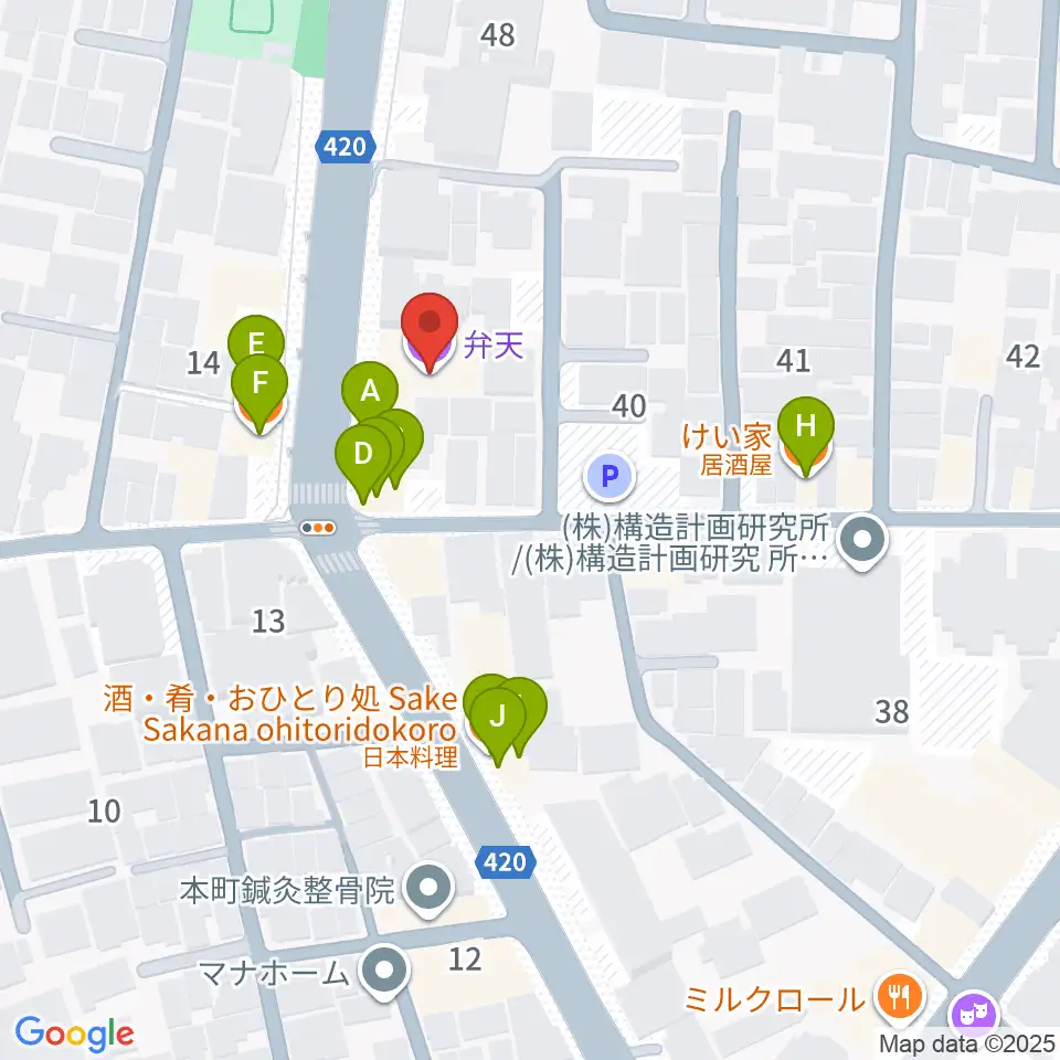 弁天周辺のファミレス・ファーストフード一覧地図