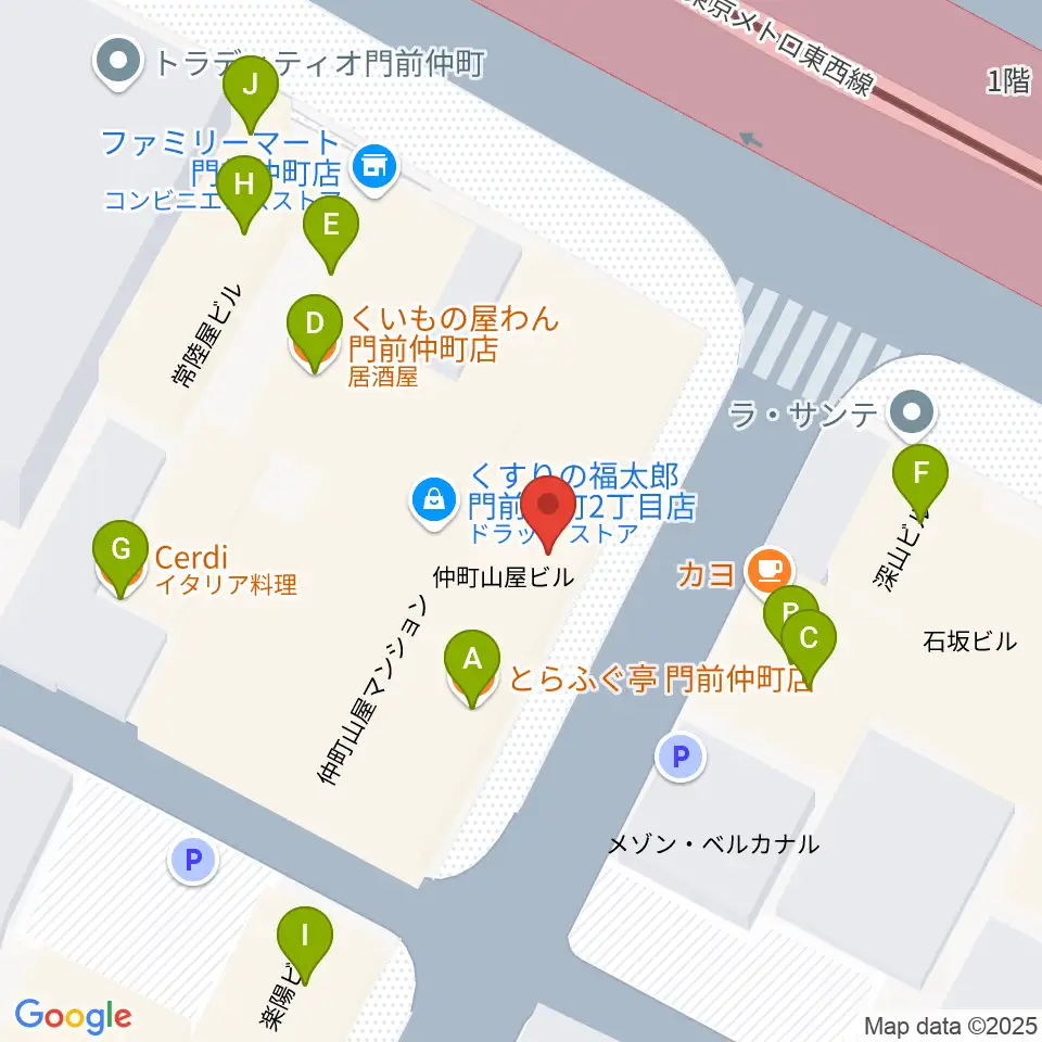 八重洲ピアノ社 門前仲町センター周辺のファミレス・ファーストフード一覧地図