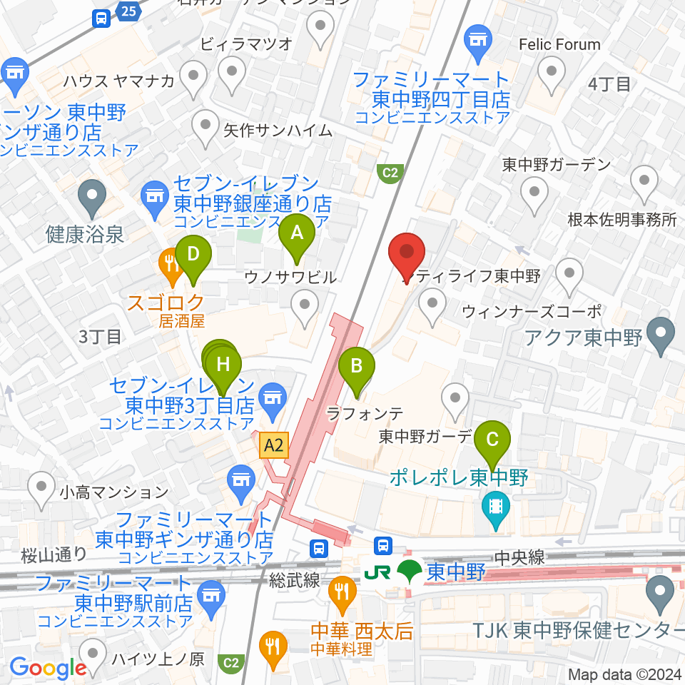 アバロンミュージックスクール東中野校周辺のファミレス・ファーストフード一覧地図