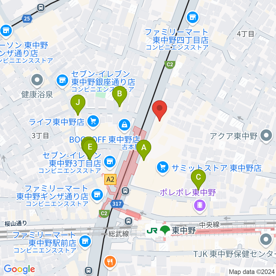 アバロンミュージックスクール東中野校周辺のファミレス・ファーストフード一覧地図