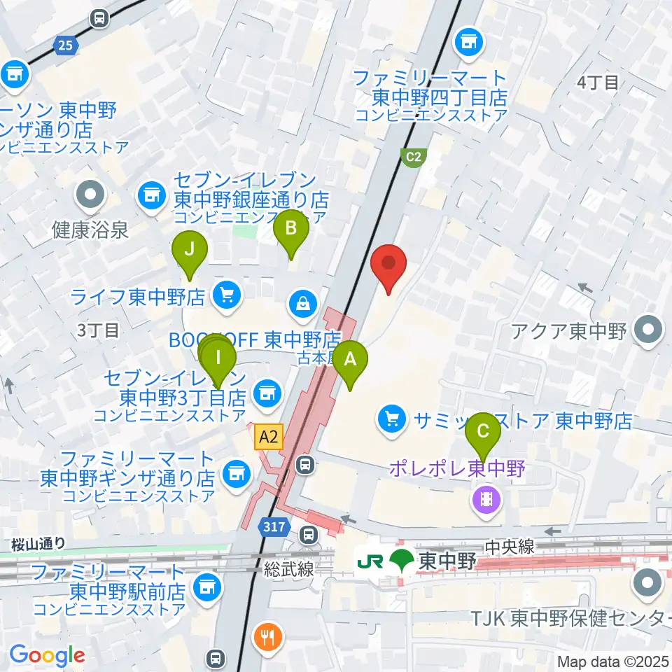 アバロンミュージックスクール東中野校周辺のファミレス・ファーストフード一覧地図