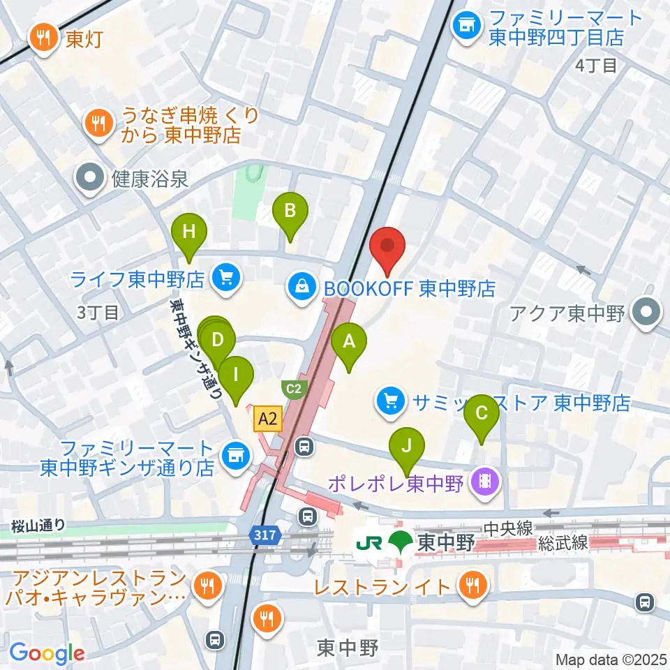 アバロンミュージックスクール東中野校周辺のファミレス・ファーストフード一覧地図