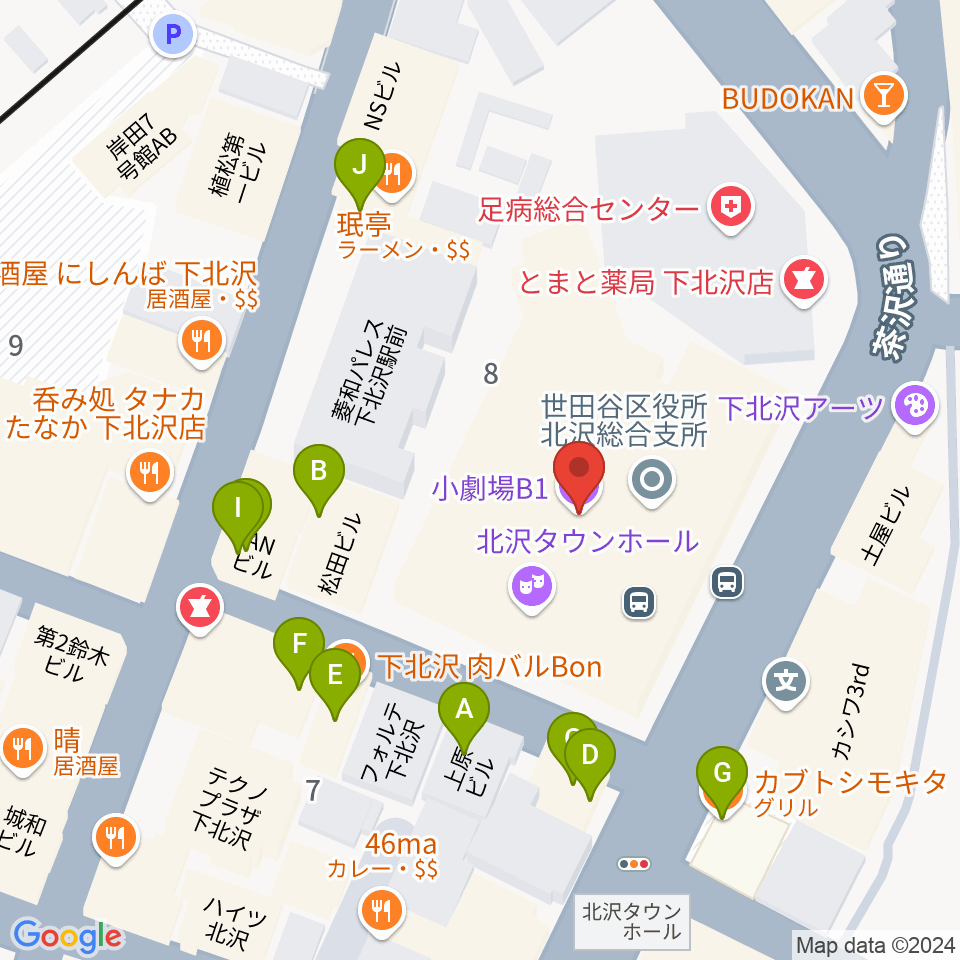 小劇場B1周辺のファミレス・ファーストフード一覧地図