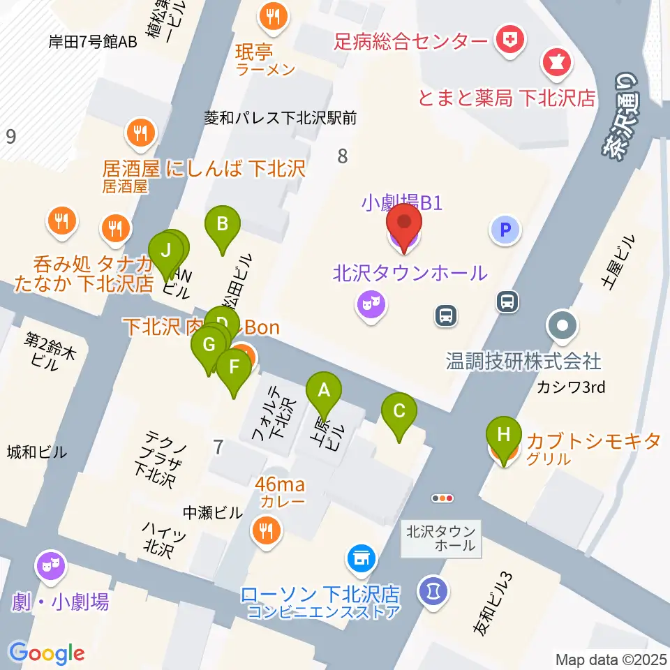 小劇場B1周辺のファミレス・ファーストフード一覧地図