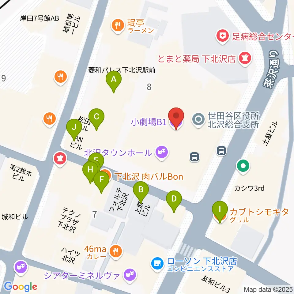 小劇場B1周辺のファミレス・ファーストフード一覧地図