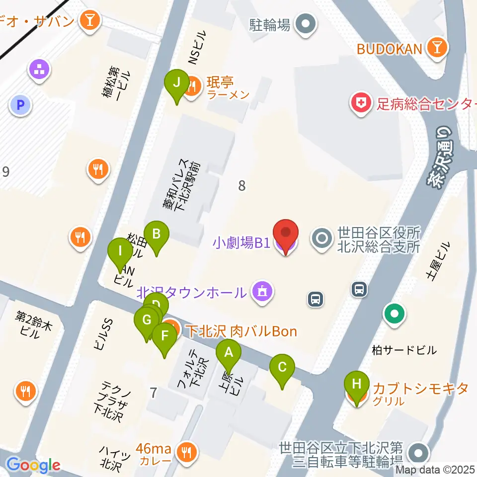 小劇場B1周辺のファミレス・ファーストフード一覧地図