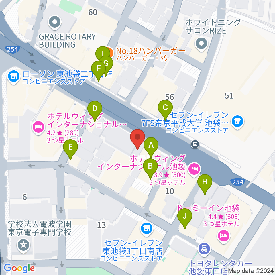 コアミュージックスクール 池袋校周辺のファミレス・ファーストフード一覧地図