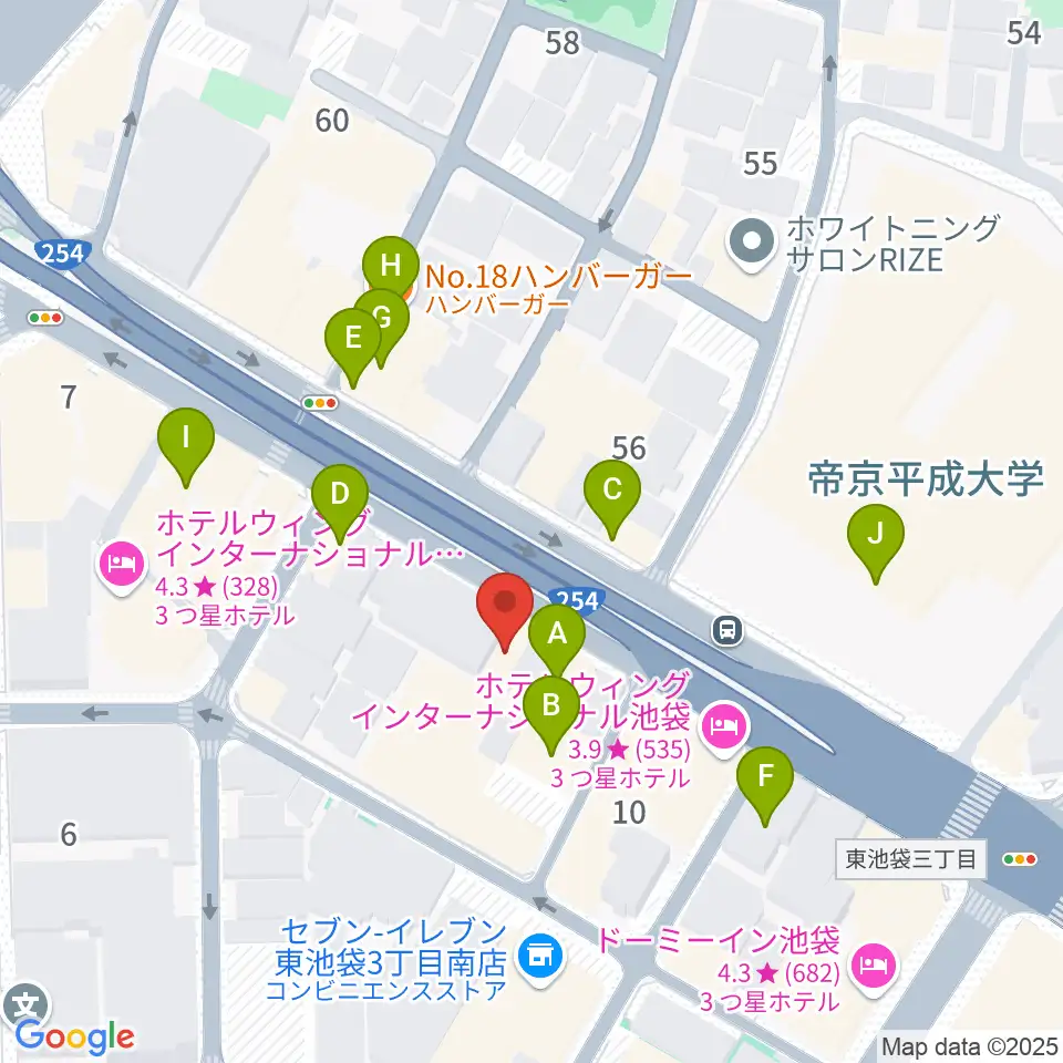 コアミュージックスクール 池袋校周辺のファミレス・ファーストフード一覧地図
