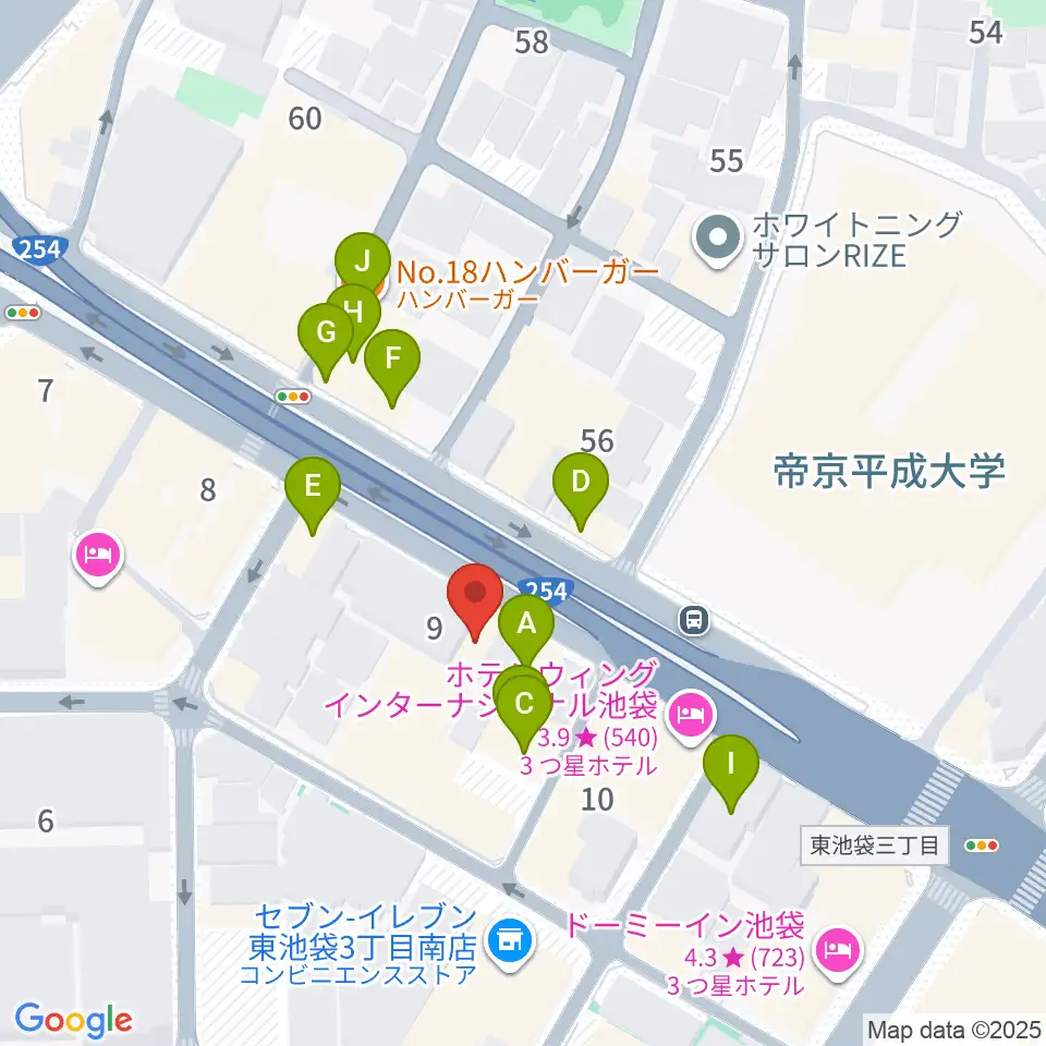 コアミュージックスクール 池袋校周辺のファミレス・ファーストフード一覧地図