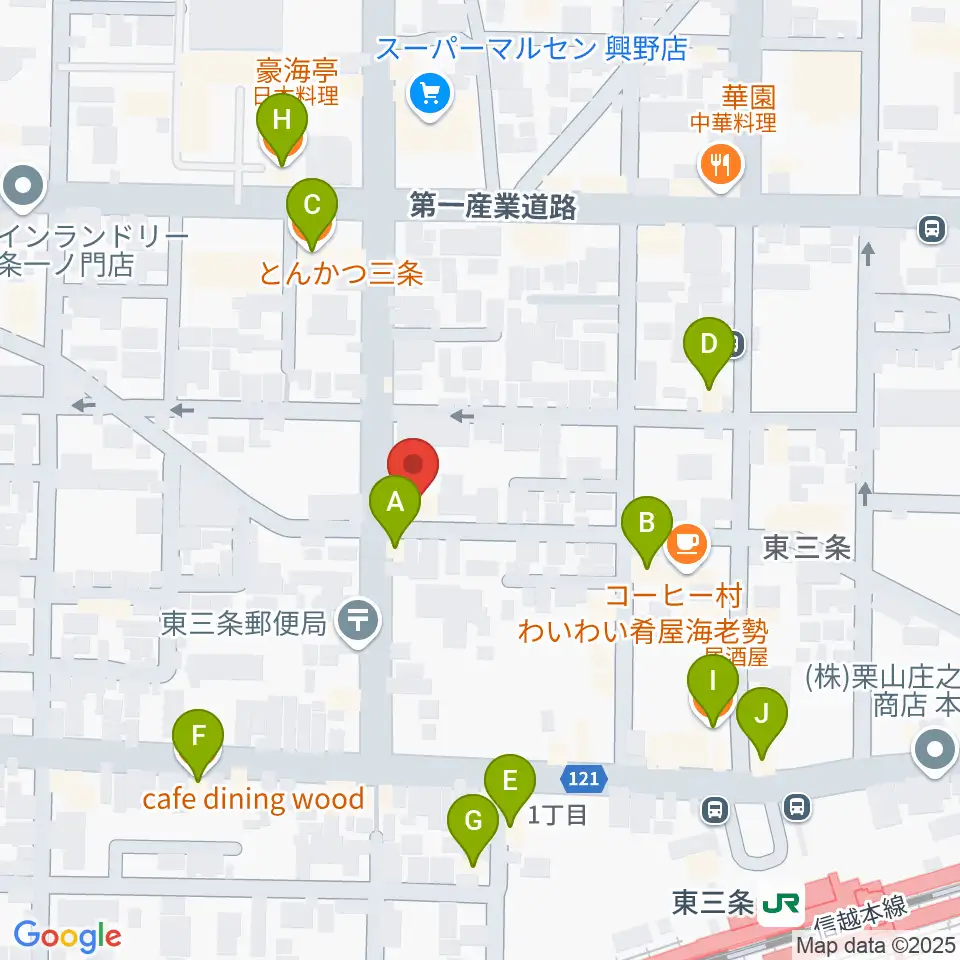 わたじん楽器 三条店周辺のファミレス・ファーストフード一覧地図