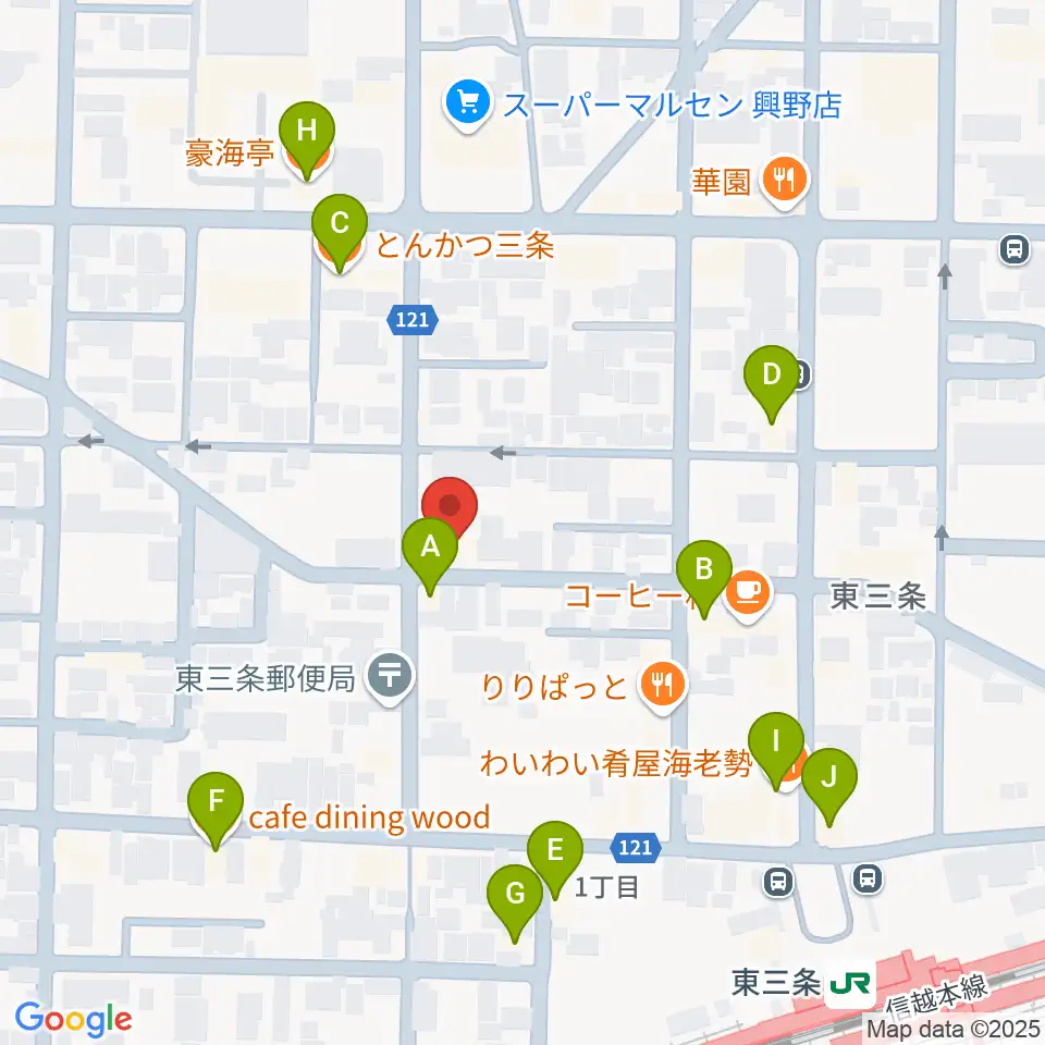 わたじん楽器 三条店周辺のファミレス・ファーストフード一覧地図