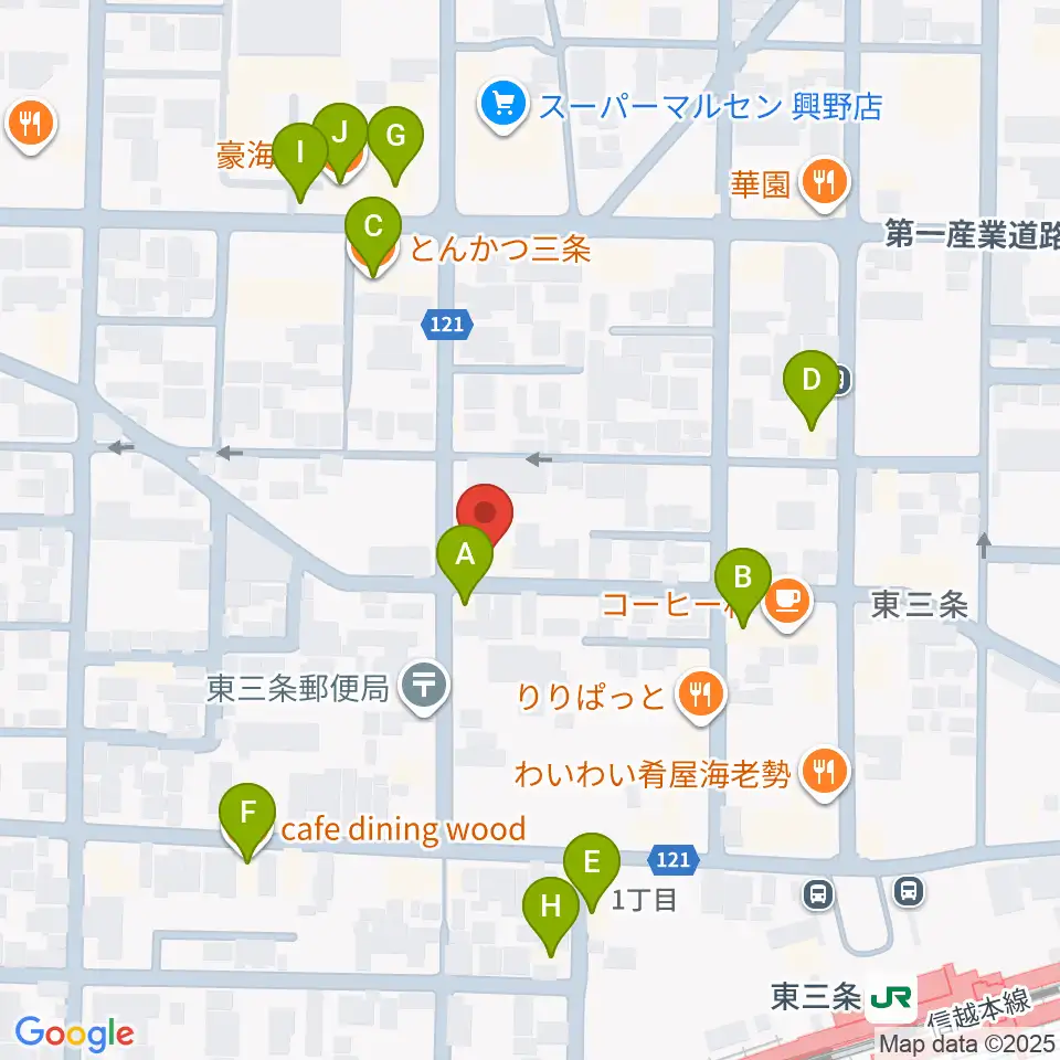 わたじん楽器 三条店周辺のファミレス・ファーストフード一覧地図