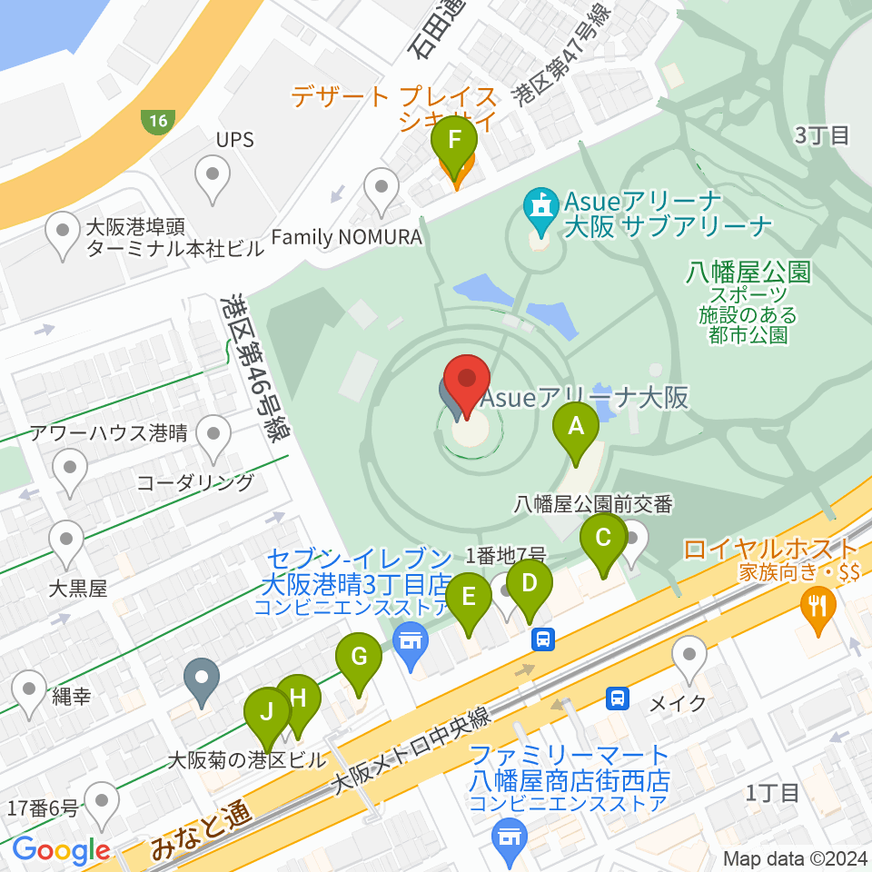 Asueアリーナ大阪周辺のファミレス・ファーストフード一覧地図