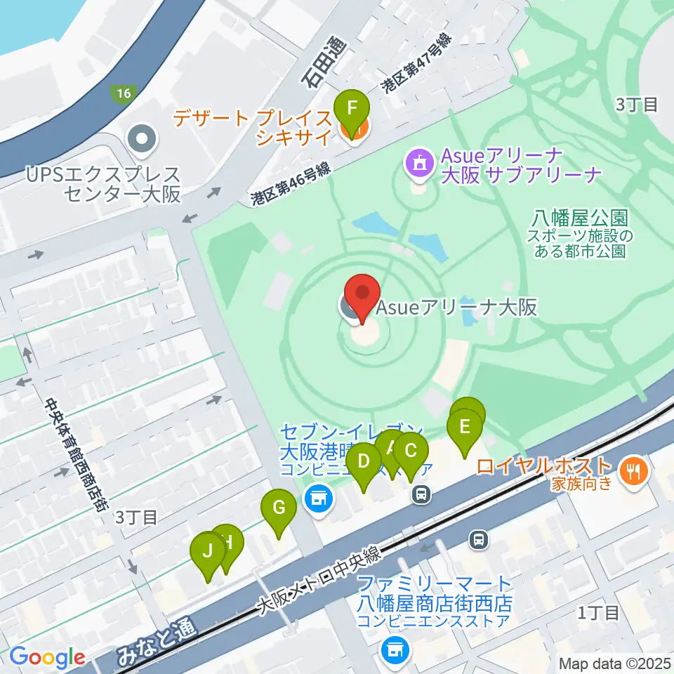 Asueアリーナ大阪周辺のファミレス・ファーストフード一覧地図