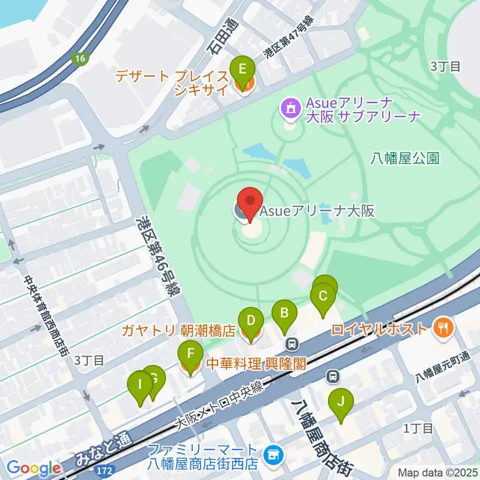 Asueアリーナ大阪周辺のファミレス・ファーストフード一覧地図